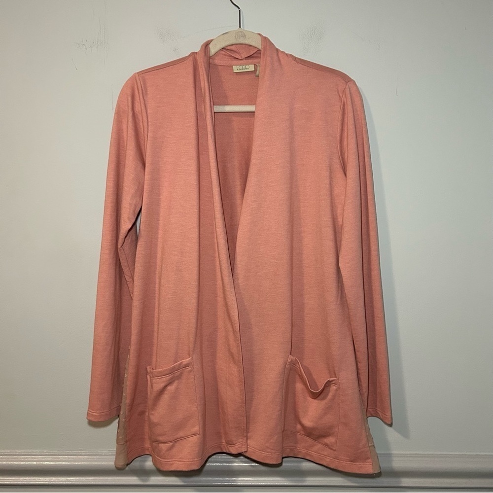 LOGO Pink & Tan Mesh Open Front Long Sleeve Cardigan Size XS